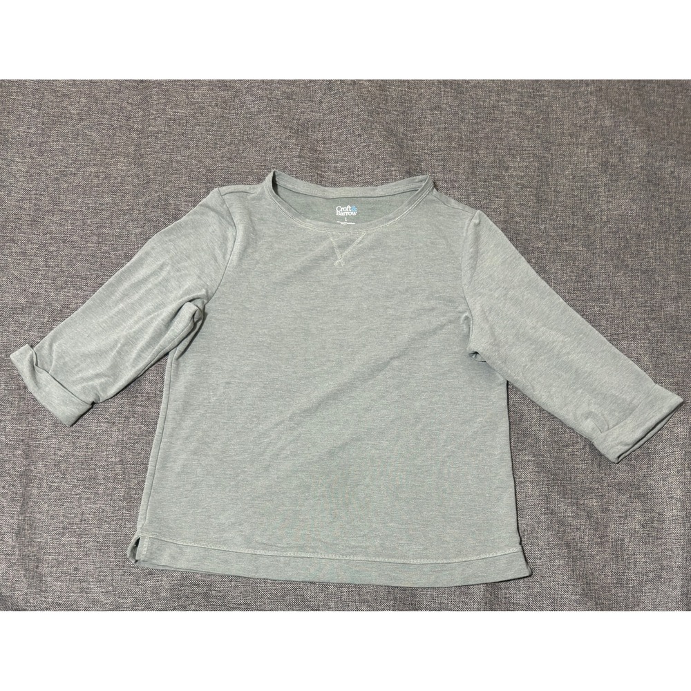 Croft & Barrow Womens Large Sweatshirt Green 3/4 Sleeve Crew Neck Pullover